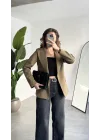 Kadın Haki Oversize Blazer Ceket Tek Düğmeli Klasik Ofis Ceketi Şık Günlük Kumaş Ceket