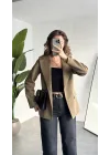 Kadın Haki Oversize Blazer Ceket Tek Düğmeli Klasik Ofis Ceketi Şık Günlük Kumaş Ceket