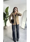 Kadın Haki Oversize Blazer Ceket Tek Düğmeli Klasik Ofis Ceketi Şık Günlük Kumaş Ceket