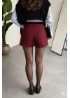 Kadın Bordo Full Pileli Mini Arkası Şort Etek Yüksek Bel Günlük Kombin Etek