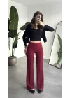 Kadın Bordo Yüksek Bel Bol Paça Kumaş Pantolon Toparlayıcı Ofis Günlük Şık Palazzo Pantolon