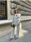 Kadın Açık Gri Oversize Kruvaze Blazer Ceket Çift Düğmeli Ofis Şık Klasik Ceket