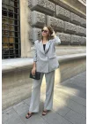 Kadın Açık Gri Oversize Kruvaze Blazer Ceket Çift Düğmeli Ofis Şık Klasik Ceket