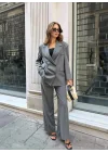 Kadın Gri Oversize Kruvaze Blazer Ceket Çift Düğmeli Ofis Şık Klasik Ceket
