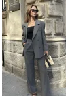 Kadın Gri Oversize Kruvaze Blazer Ceket Çift Düğmeli Ofis Şık Klasik Ceket