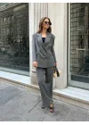 Kadın Gri Oversize Kruvaze Blazer Ceket Çift Düğmeli Ofis Şık Klasik Ceket