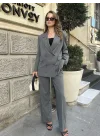 Kadın Gri Oversize Kruvaze Blazer Ceket Çift Düğmeli Ofis Şık Klasik Ceket