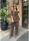 Kadın Kahverengi Oversize Kruvaze Blazer Ceket Çift Düğmeli Ofis Şık Ceket