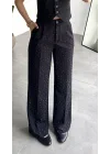 Kadın Siyah Pırıltı Taşlı Düğmeli Kolsuz Yelek Pileli Palazzo Pantolon Takım