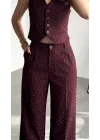 Kadın Bordo Pırıltı Taşlı Düğmeli Kolsuz Yelek Pileli Palazzo Pantolon Takım