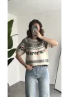 Kadın Ekru Nakışlı Crop Triko Kazak Desenli Kısa Kol Yumuşak Dokulu Vintage