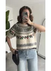 Kadın Ekru Nakışlı Crop Triko Kazak Desenli Kısa Kol Yumuşak Dokulu Vintage