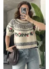 Kadın Ekru Nakışlı Crop Triko Kazak Desenli Kısa Kol Yumuşak Dokulu Vintage