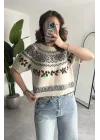 Kadın Ekru Nakışlı Crop Triko Kazak Desenli Kısa Kol Yumuşak Dokulu Vintage