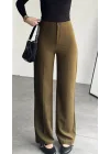 Kadın Kahverengi Yüksek Bel Kumaş Pantolon Wide Leg Bol Paça Ofis Şık Klasik Palazzo Pantolon