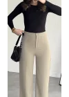 Kadın Krem Yüksek Bel Kumaş Pantolon Wide Leg Bol Paça Ofis Şık Klasik Palazzo Pantolon