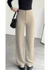 Kadın Krem Yüksek Bel Kumaş Pantolon Wide Leg Bol Paça Ofis Şık Klasik Palazzo Pantolon