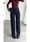 Kadın Lacivert Yüksek Bel Kumaş Pantolon Wide Leg Bol Paça Ofis Şık Klasik Palazzo Pantolon