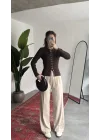 Kadın Kahverengi Fitilli Triko Hırka Çıt Çıtlı Dar Kesim Basic Şık Uzun Kollu