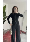 Kadın Siyah Fitilli Triko Hırka Çıt Çıtlı Dar Kesim Basic Şık Uzun Kollu