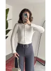 Kadın Ekru Fitilli Triko Hırka Çıt Çıtlı Dar Kesim Basic Şık Uzun Kollu
