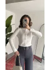 Kadın Ekru Fitilli Triko Hırka Çıt Çıtlı Dar Kesim Basic Şık Uzun Kollu