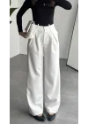 Kadın Beyaz Yüksek Bel Pileli Kumaş Pantolon Wide Leg Bol Paça Şık Ofis Palazzo