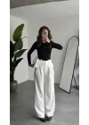 Kadın Beyaz Yüksek Bel Pileli Kumaş Pantolon Wide Leg Bol Paça Şık Ofis Palazzo