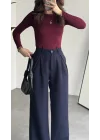 Kadın Lacivert Yüksek Bel Pileli Kumaş Pantolon Wide Leg Bol Paça Şık Ofis Palazzo