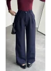 Kadın Lacivert Yüksek Bel Pileli Kumaş Pantolon Wide Leg Bol Paça Şık Ofis Palazzo