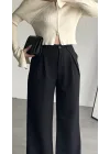 Kadın Siyah Yüksek Bel Pileli Kumaş Pantolon Wide Leg Bol Paça Şık Ofis Palazzo