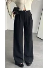 Kadın Siyah Yüksek Bel Pileli Kumaş Pantolon Wide Leg Bol Paça Şık Ofis Palazzo