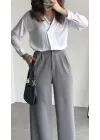 Kadın Gri Yüksek Bel Pileli Jakarlı Pantolon Bol Paça Şık Ofis Palazzo