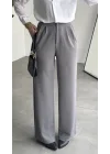 Kadın Gri Yüksek Bel Pileli Jakarlı Pantolon Bol Paça Şık Ofis Palazzo