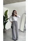 Kadın Gri Yüksek Bel Pileli Jakarlı Pantolon Bol Paça Şık Ofis Palazzo