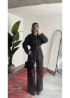Kadın Kahve Viral Kot Takım Oversize Gömlek Wide Leg Pantolon Kemerli Jean İkili Set