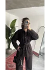 Kadın Kahve Viral Kot Takım Oversize Gömlek Wide Leg Pantolon Kemerli Jean İkili Set