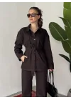Kadın Kahve Viral Kot Takım Oversize Gömlek Wide Leg Pantolon Kemerli Jean İkili Set