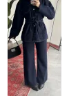 Kadın Lacivert Viral Kot Takım Oversize Gömlek Wide Leg Pantolon Kemerli Jean İkili Set