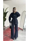 Kadın Lacivert Viral Kot Takım Oversize Gömlek Wide Leg Pantolon Kemerli Jean İkili Set