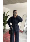 Kadın Lacivert Viral Kot Takım Oversize Gömlek Wide Leg Pantolon Kemerli Jean İkili Set