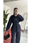 Kadın Lacivert Viral Kot Takım Oversize Gömlek Wide Leg Pantolon Kemerli Jean İkili Set