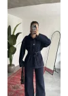 Kadın Lacivert Viral Kot Takım Oversize Gömlek Wide Leg Pantolon Kemerli Jean İkili Set