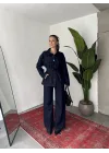 Kadın Lacivert Viral Kot Takım Oversize Gömlek Wide Leg Pantolon Kemerli Jean İkili Set