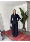 Kadın Lacivert Viral Kot Takım Oversize Gömlek Wide Leg Pantolon Kemerli Jean İkili Set