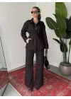 Kadın Kahve Viral Kot Takım Oversize Gömlek Wide Leg Pantolon Kemerli Jean İkili Set