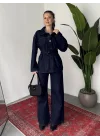 Kadın Lacivert Viral Kot Takım Oversize Gömlek Wide Leg Pantolon Kemerli Jean İkili Set