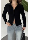 Kadın Siyah Fitilli Triko Hırka Fermuarlı Polo Yaka Basic Uzun Kollu