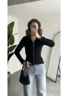 Kadın Siyah Fitilli Triko Hırka Fermuarlı Polo Yaka Basic Uzun Kollu