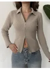 Kadın Krem Fitilli Triko Hırka Fermuarlı Polo Yaka Basic Uzun Kollu
